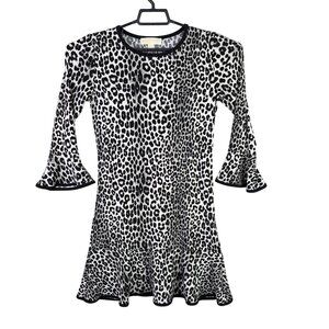 Womens Michael Kors Black & Gray Leopard Print Dress Bell Sleeve Polyester XS